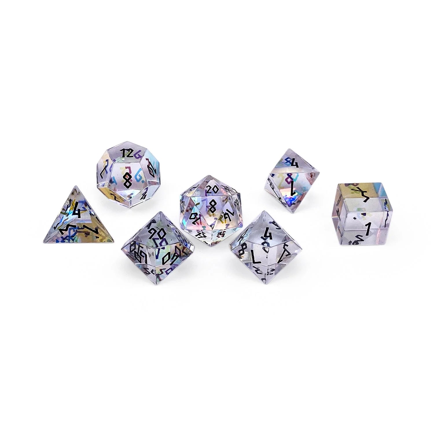Black font K9 rainbow glass 7 piece rpg dice set