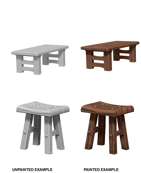 Pathfinder Deep Cuts Unpainted Miniatures: W4 Wooden Table & Stools