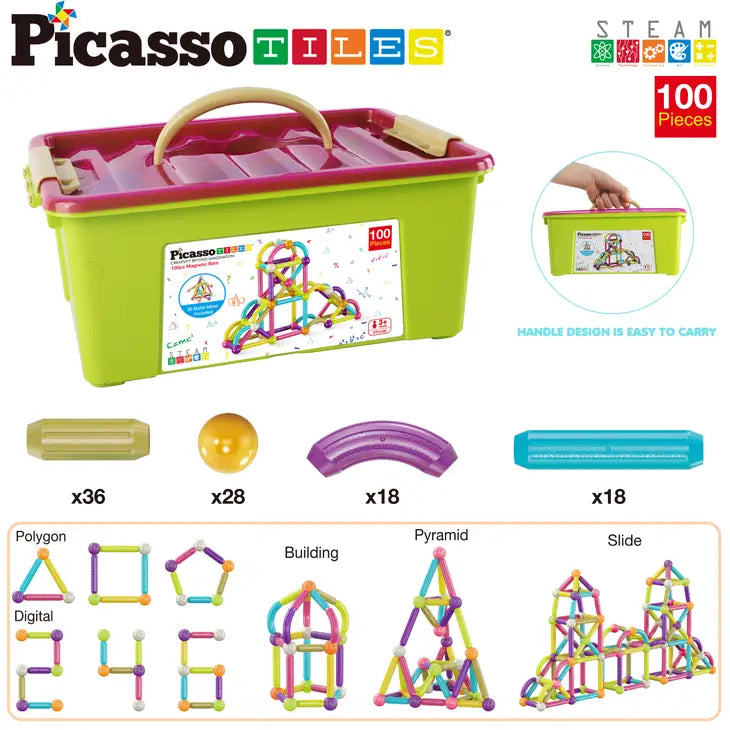 Picasso Tiles: 100 Piece Magnetic Stick Stacking Construction