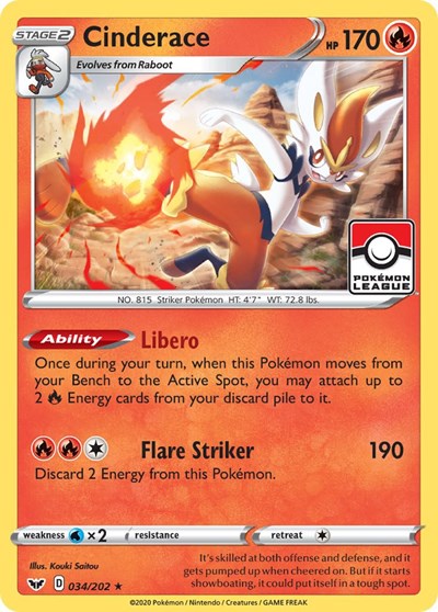PR: Cinderace - 034/202 (Pokemon League) (Reverse Holofoil)