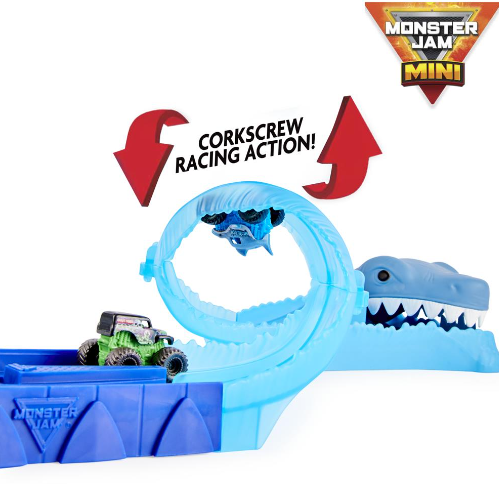 Monster Jam: Mini Megalodon Race and Chomp Playset with 2 Monster Jam Mini Truck