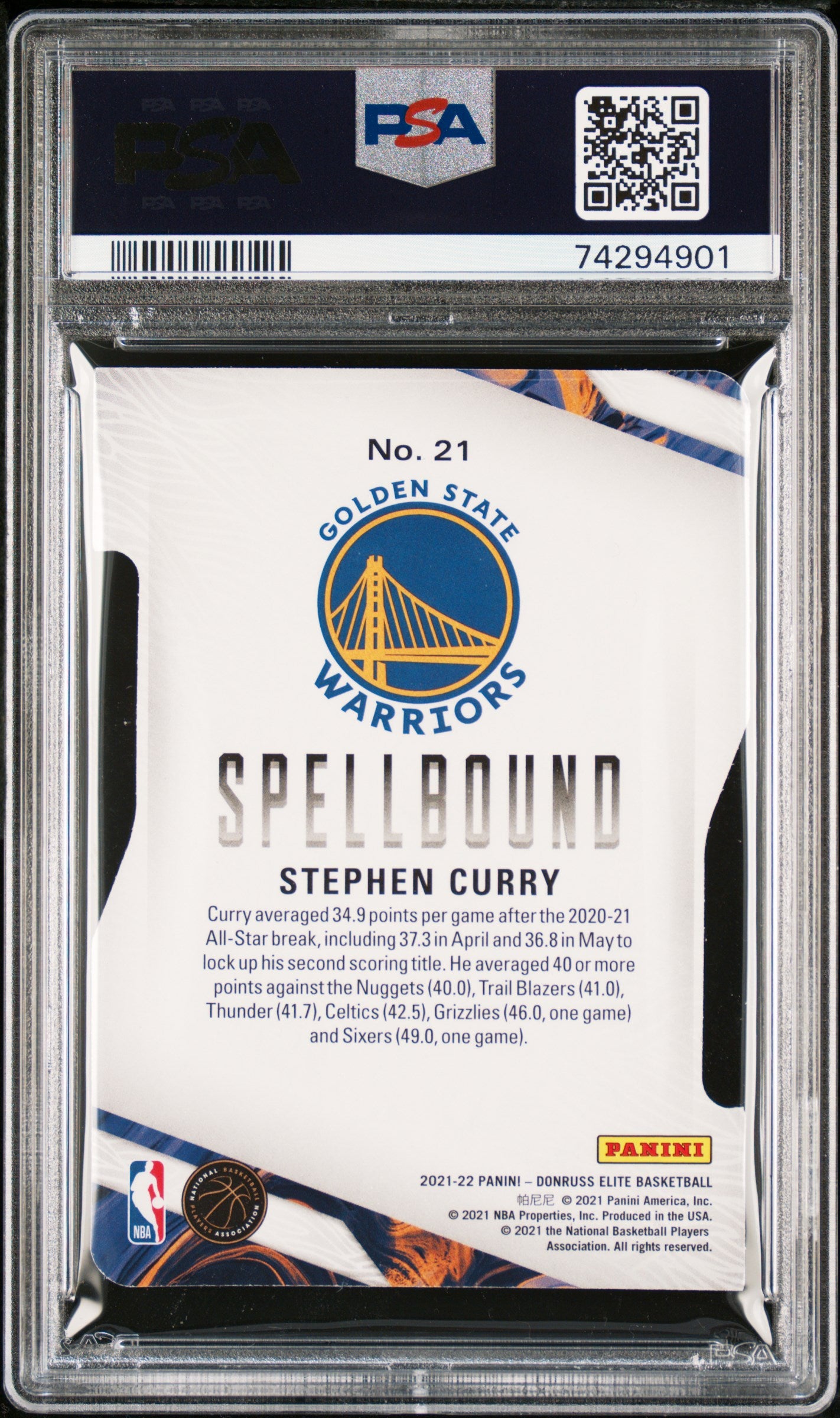 2021 Panini Donruss Elite Spellbound Stephen Curry #21 PSA 9