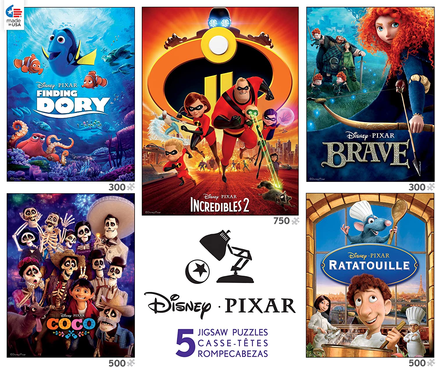 Disney Pixar 5-in-1 Multipack Puzzles Includes - Finding Dory, The Incredibles 2, Brave, Coco, and Ratatouille