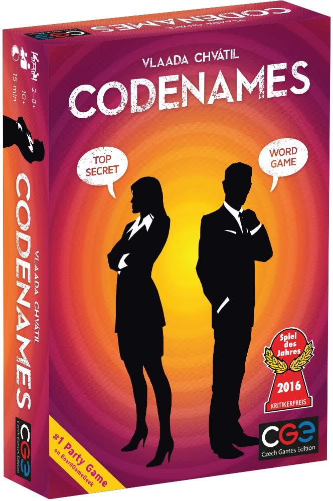 Codenames is a board game where teams take turns giving one word clues and guessing the identity of their team's secret agents which are laid out on a game board.